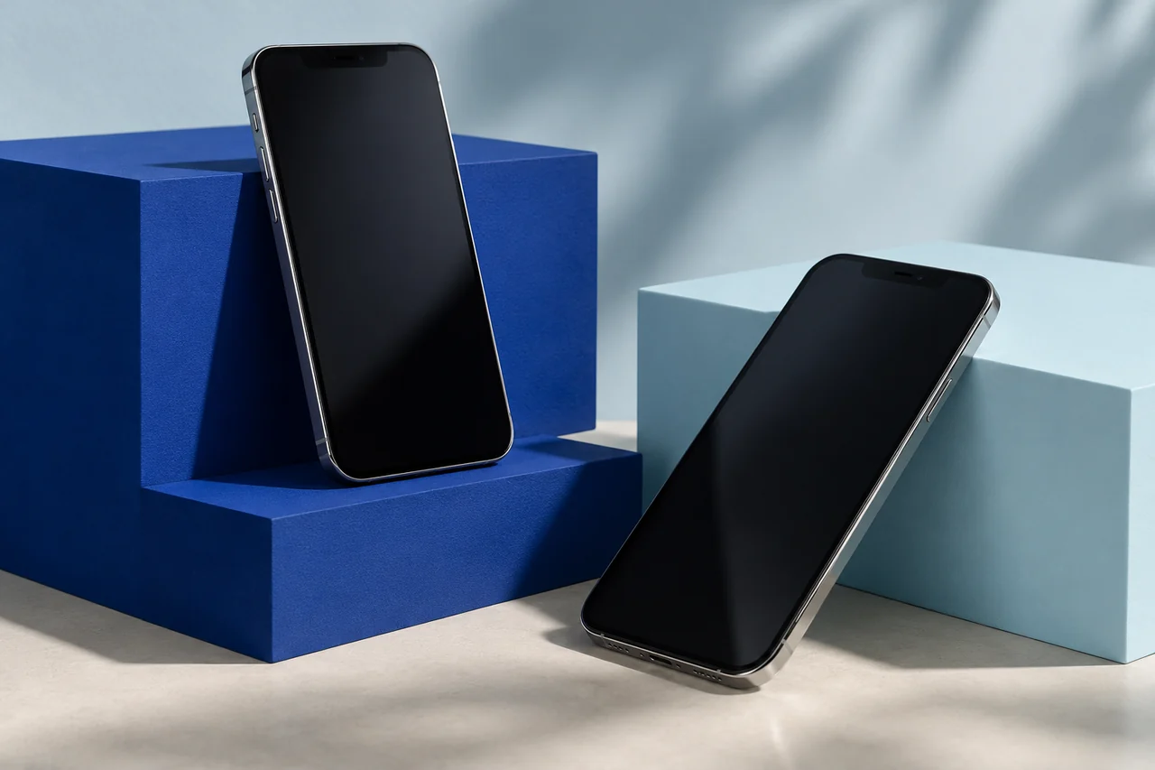 Due smartphone su elementi blu e azzurri