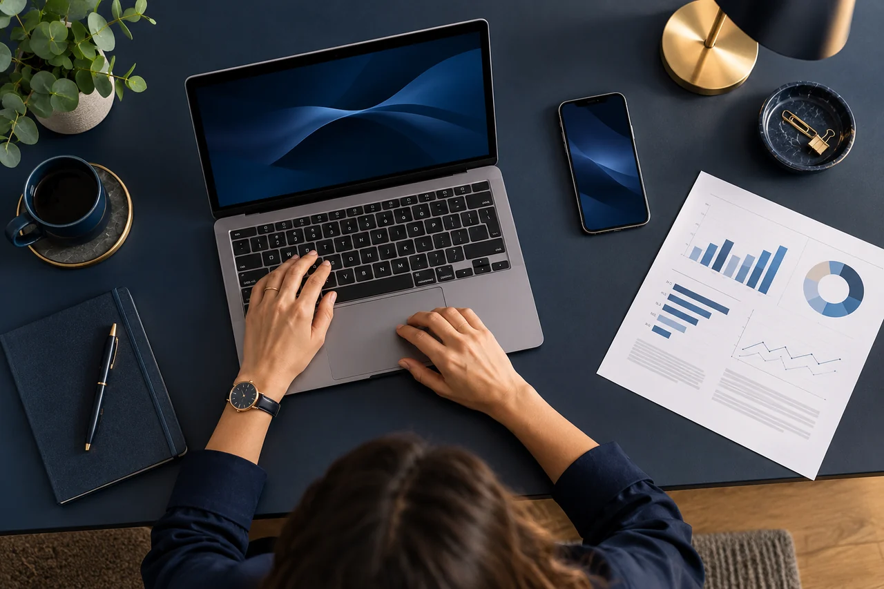 Laptop e foglio di confronto su una scrivania blu