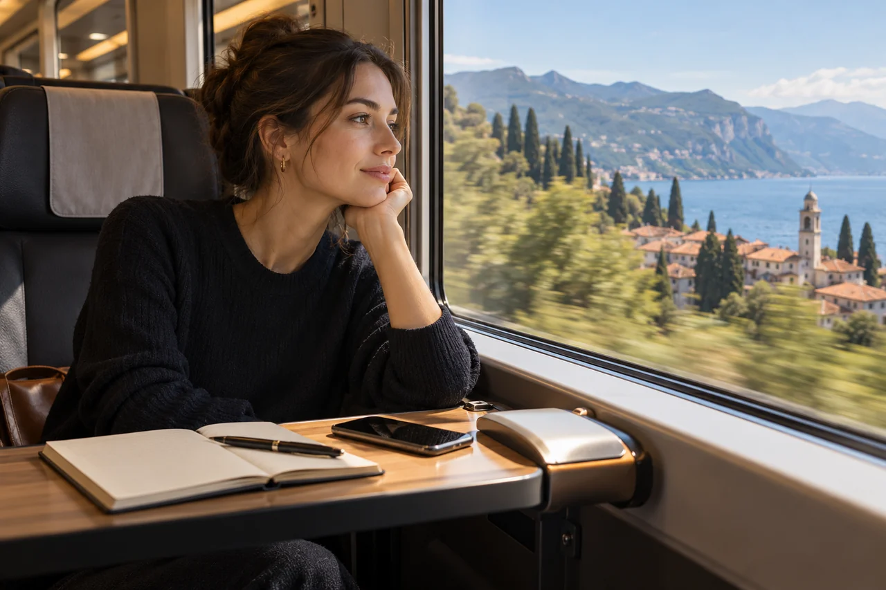 Telefono e taccuino accanto al finestrino di un treno